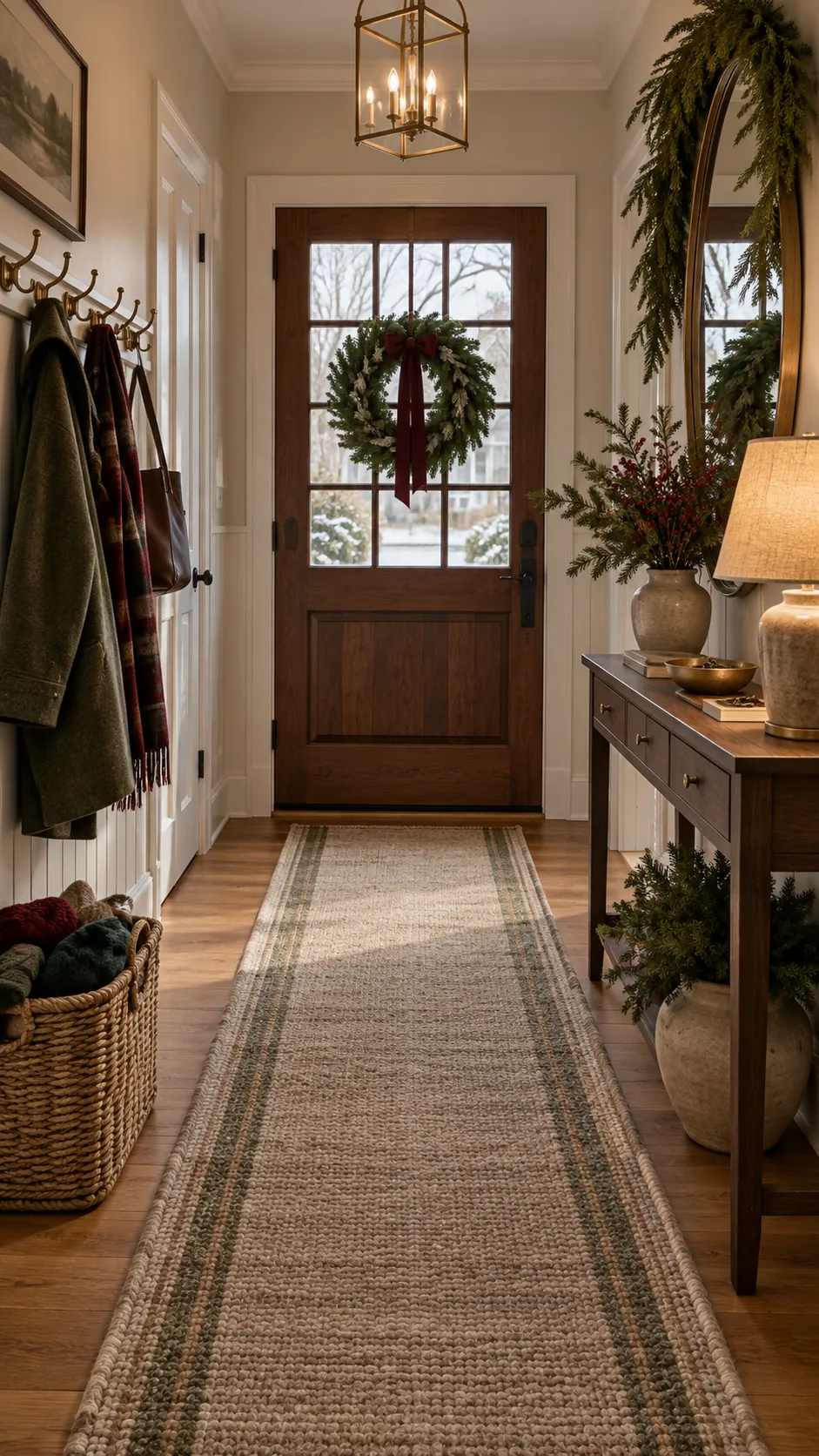 Warm inviting Christmas entryway with greenery and practical storage