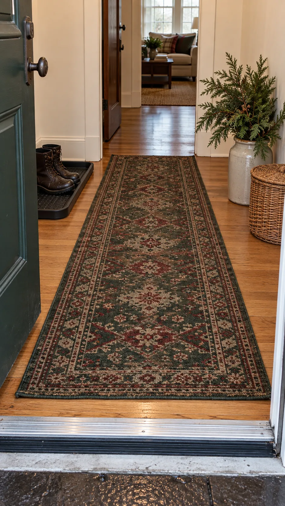 Warm Christmas entryway with a flat winter runner and clear doorway
