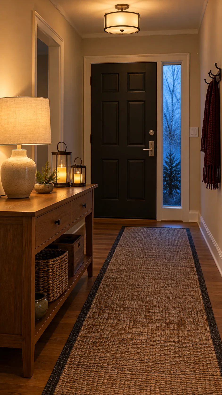 Christmas foyer with a shaded lamp and safe layered lighting