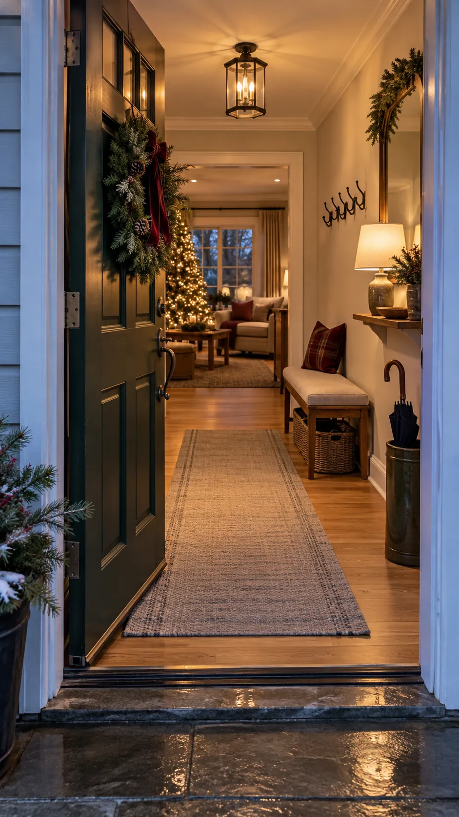 Inviting Christmas entryway with clear floor and practical storage
