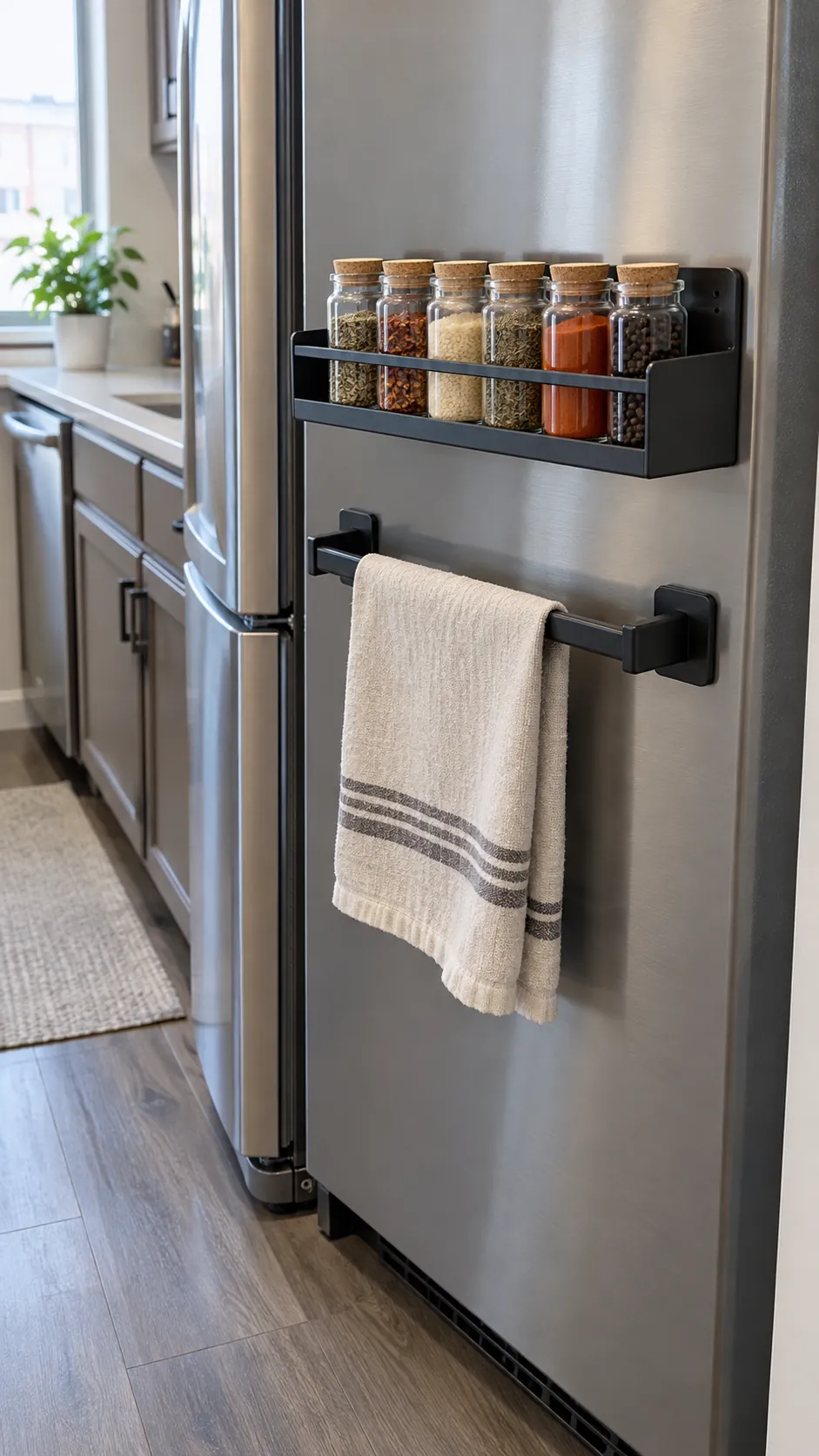 Magnetic kitchen organizers on a tested refrigerator side