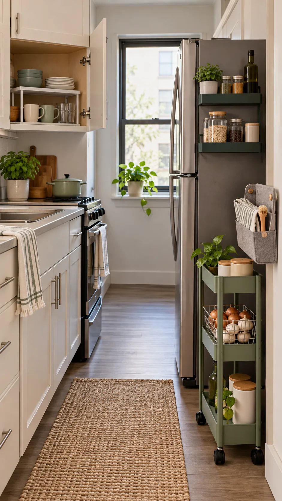 No drill kitchen storage products in a small apartment