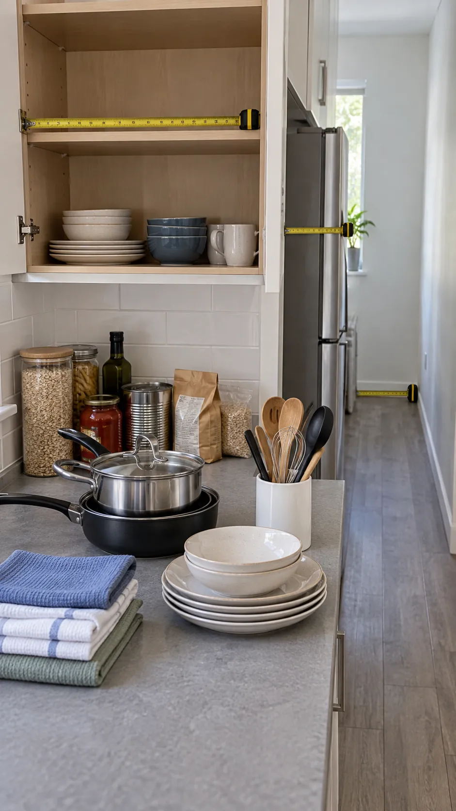 Measured small apartment kitchen storage audit before shopping