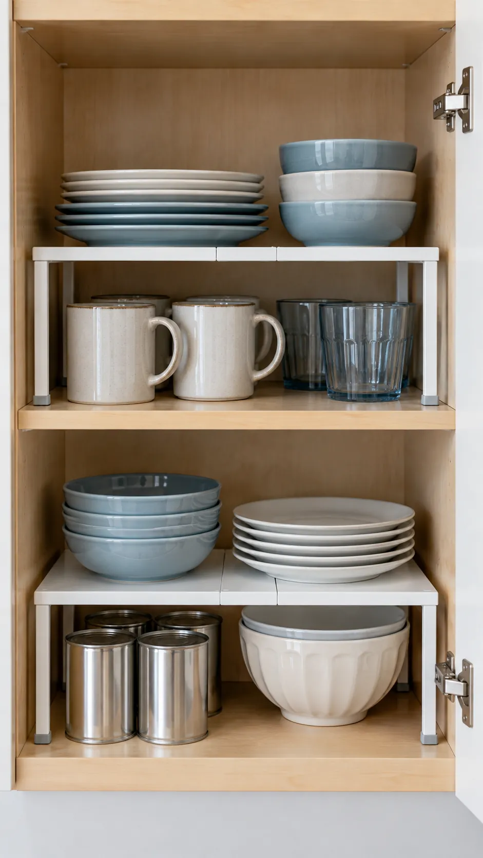 Stackable shelf risers using vertical space in a small kitchen cabinet