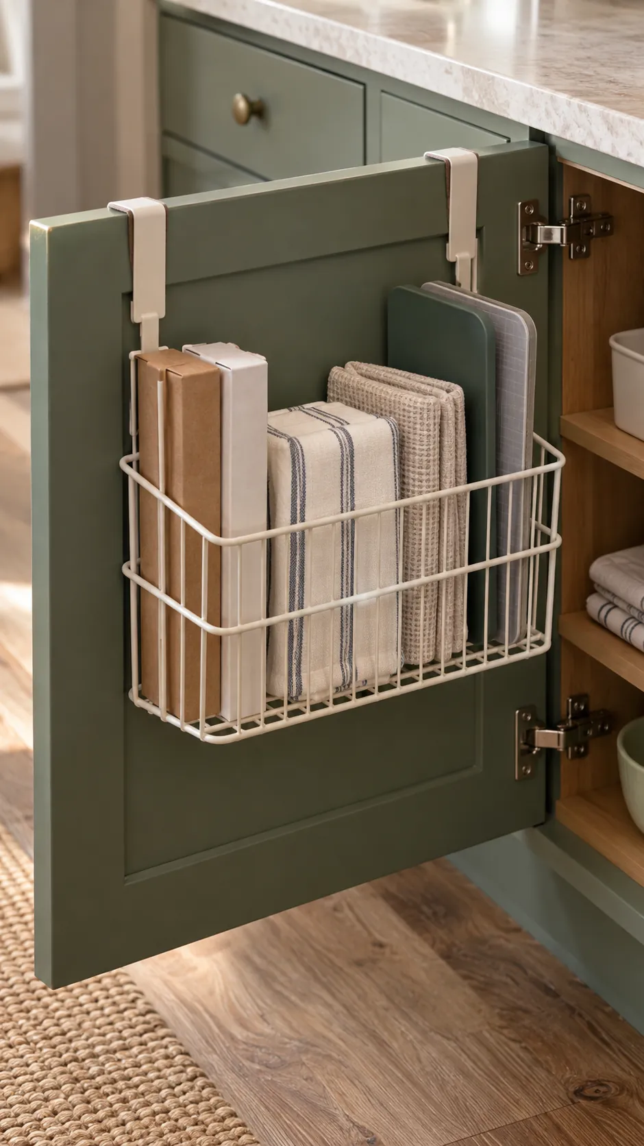 Padded over cabinet basket holding light kitchen supplies