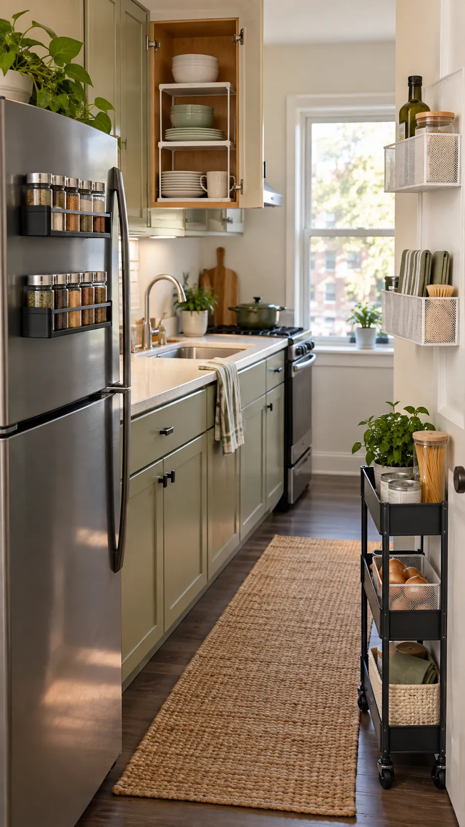 Prioritized no drill kitchen storage products in a small apartment