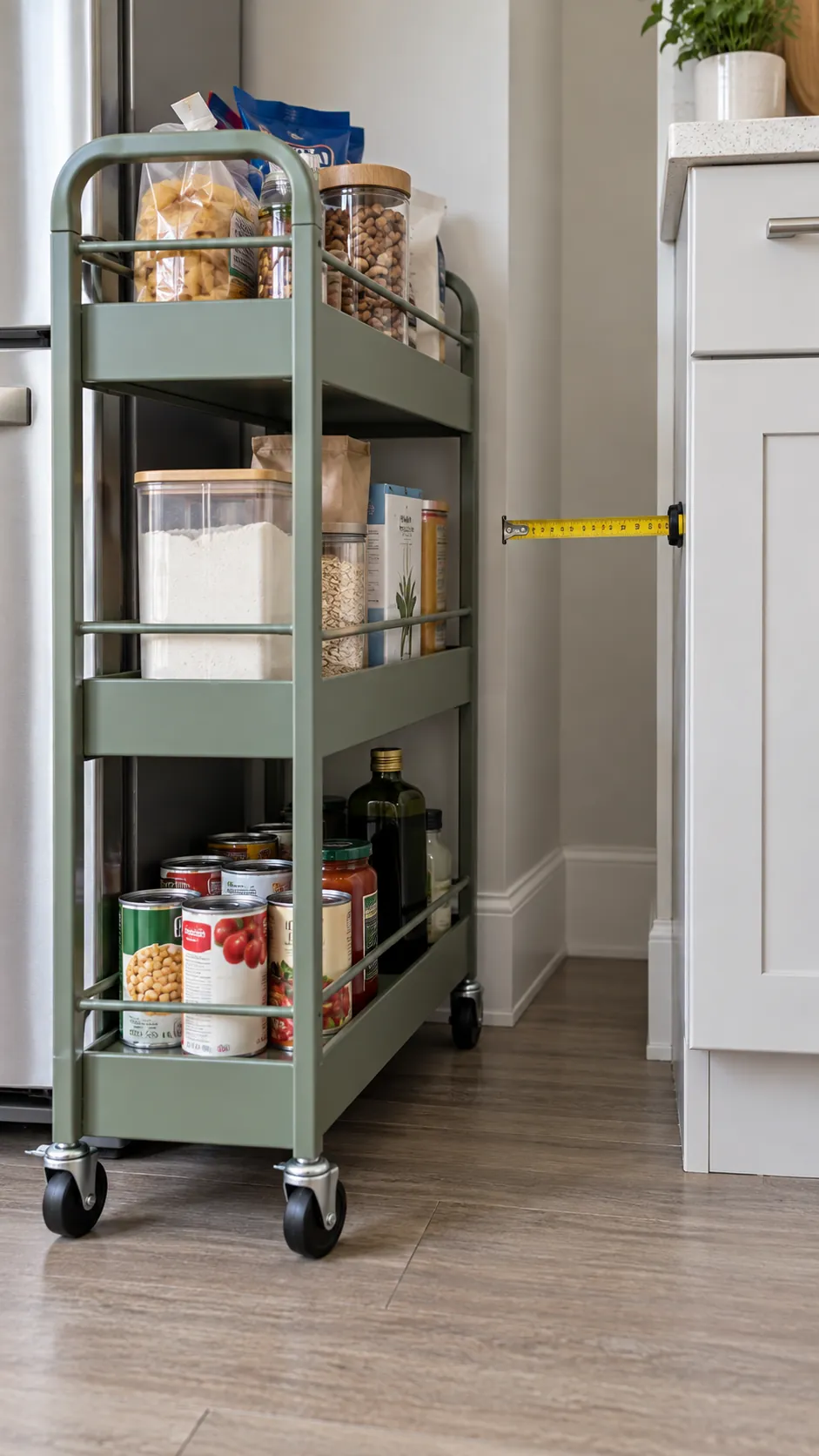 Narrow rolling pantry cart measured for apartment kitchen overflow
