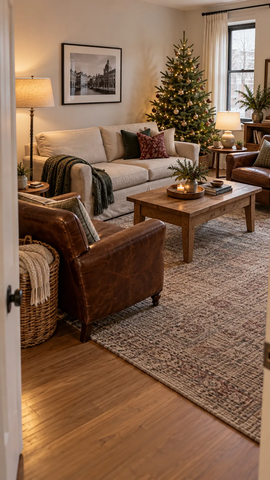 Cozy Christmas living room arranged for easy conversation