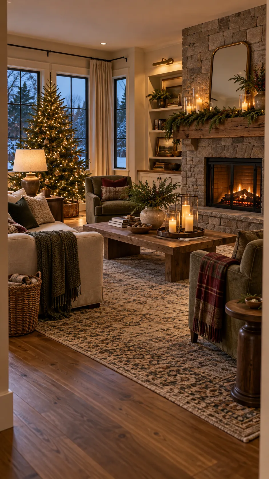 Cozy Christmas living room with greenery and safe candlelight