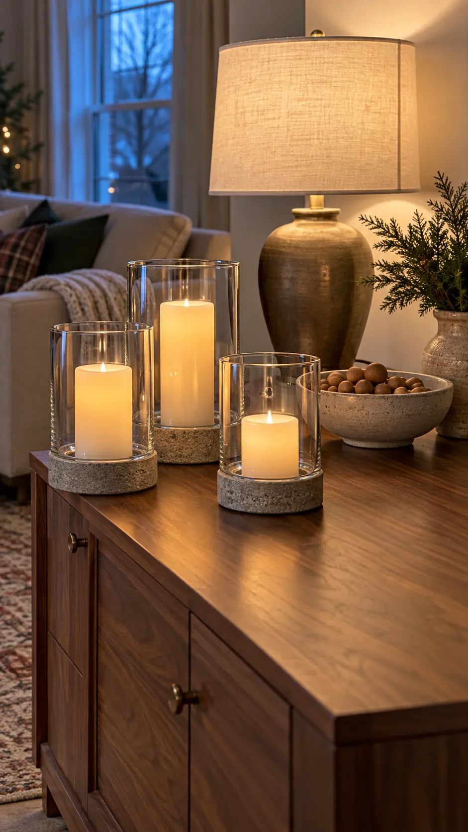 Safe battery candles glowing inside glass hurricanes in a living room
