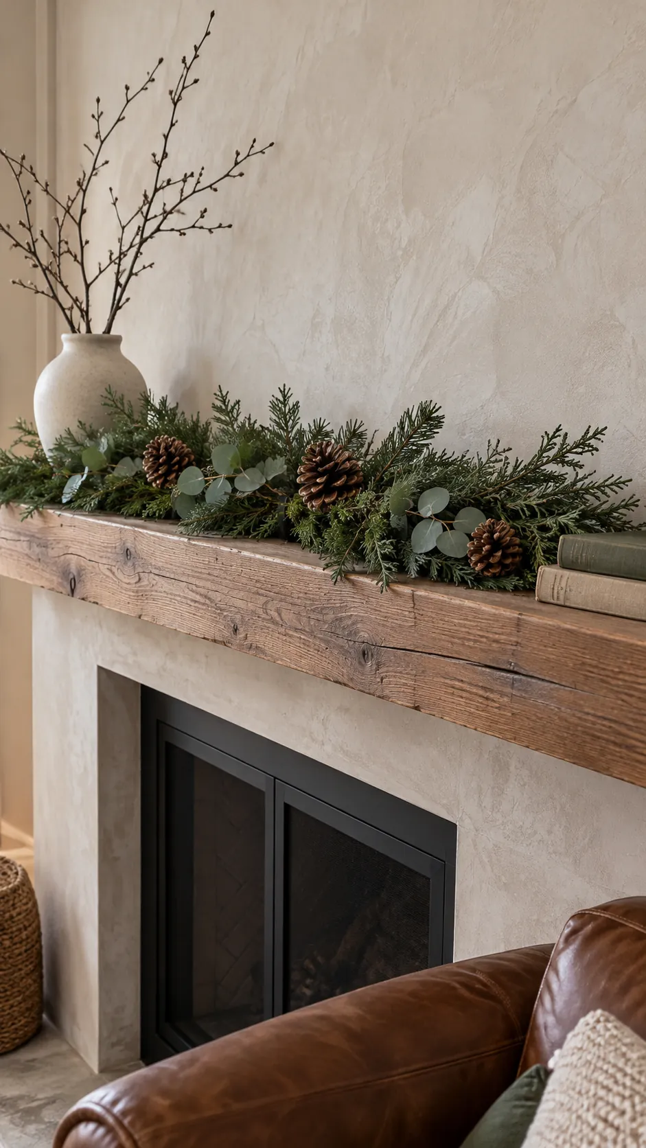 Airy Christmas greenery secured across a living room mantel
