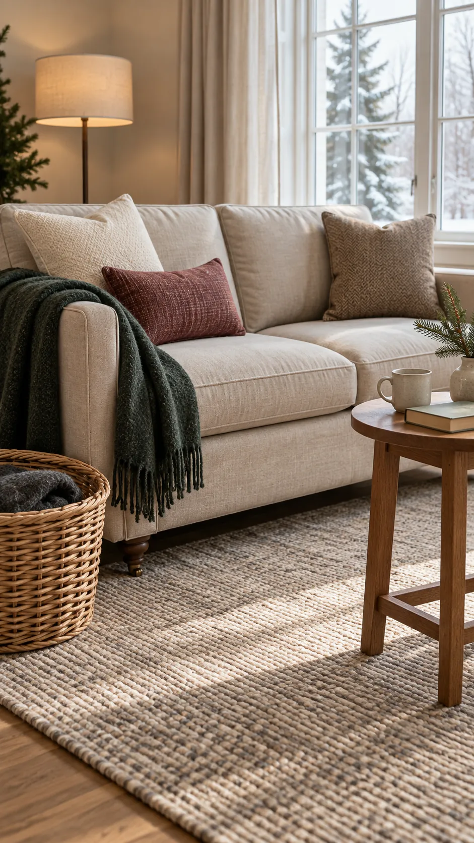 Living room sofa layered with cozy Christmas textiles and clear seating