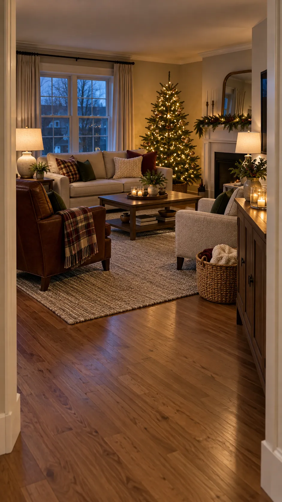 Cozy Christmas living room balanced with greenery and safe evening light