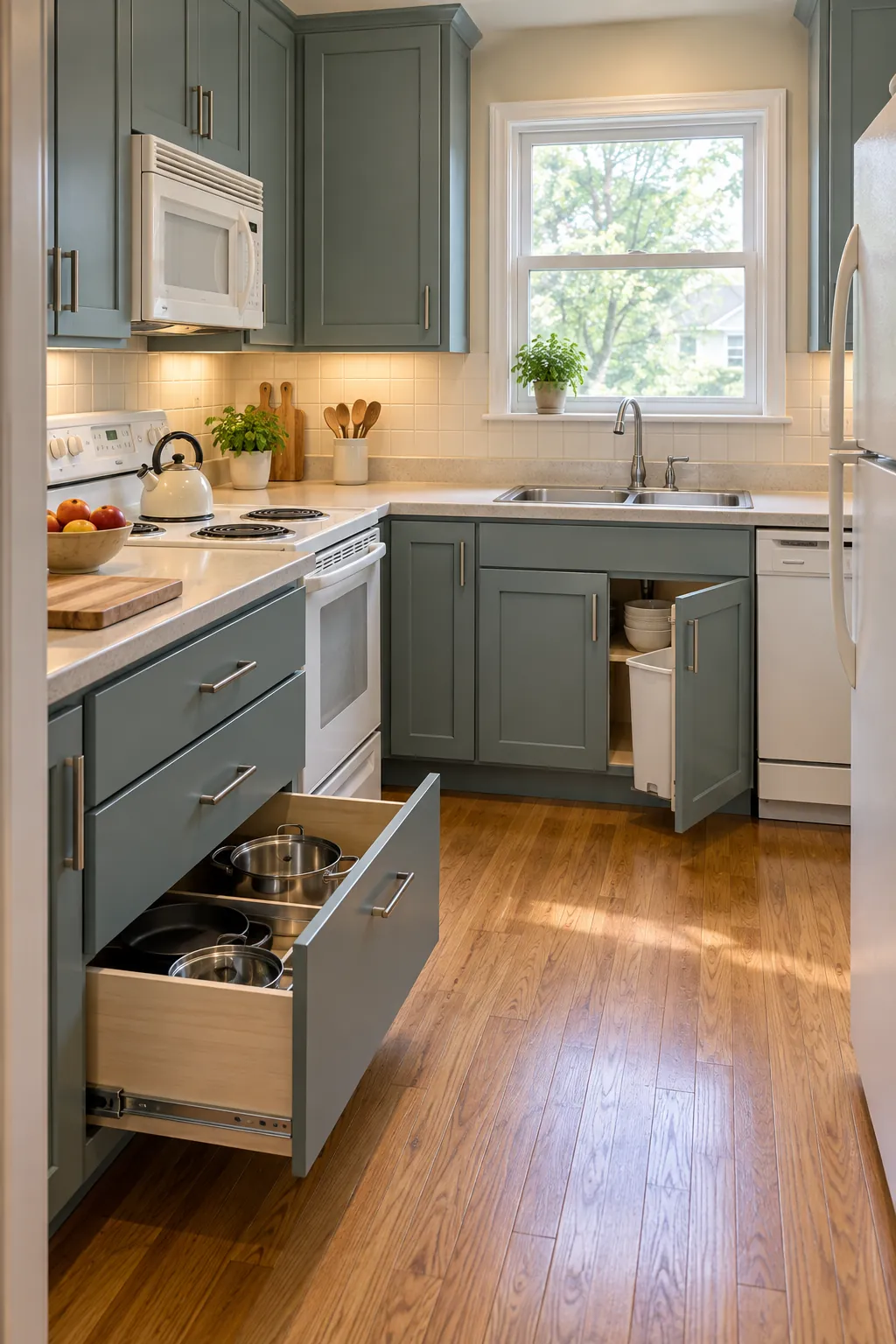 Updated modest kitchen cabinets with durable finish and practical storage