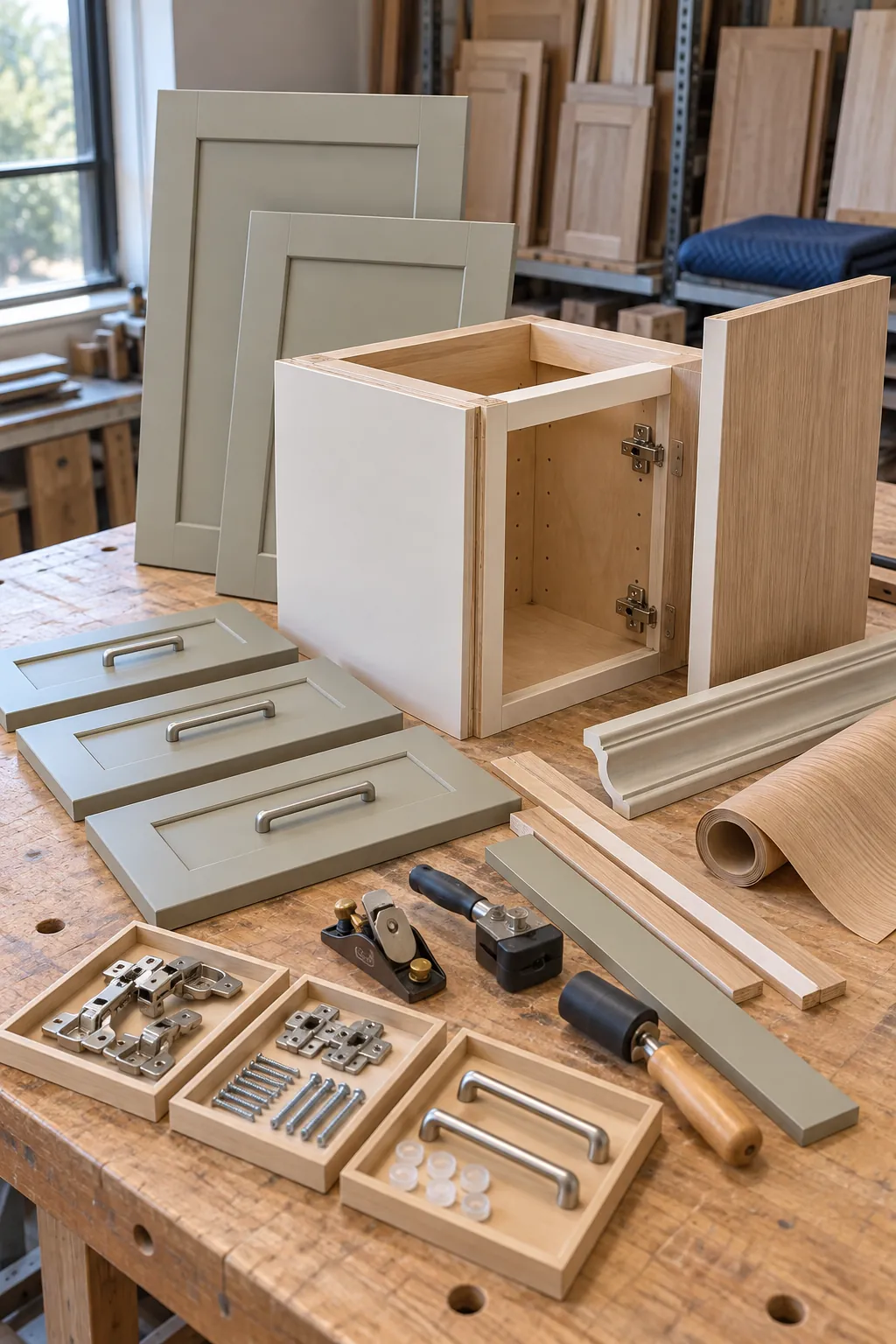 New cabinet doors veneer panels hinges and trim prepared for refacing