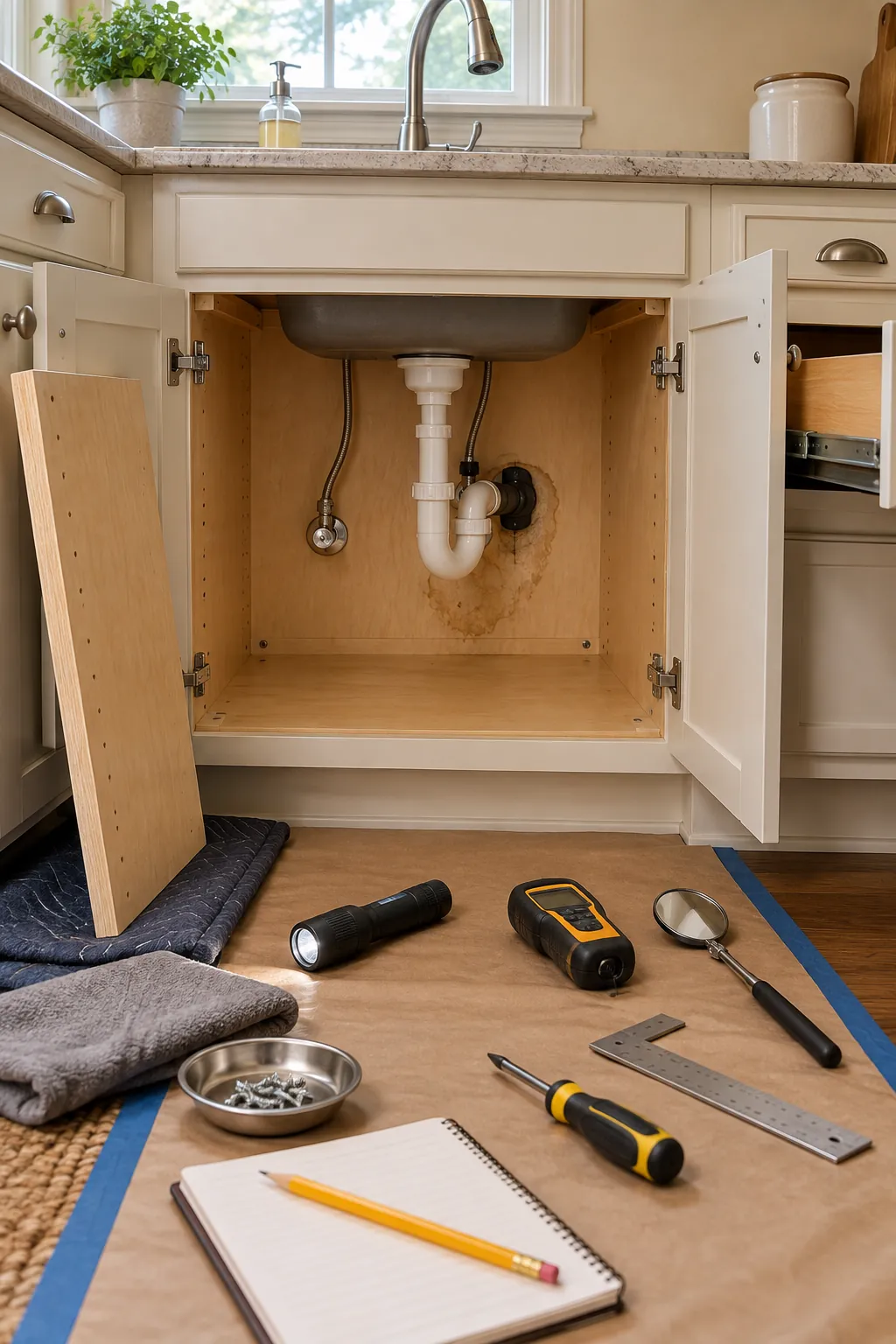 Open kitchen cabinet box being inspected for water damage and loose joints