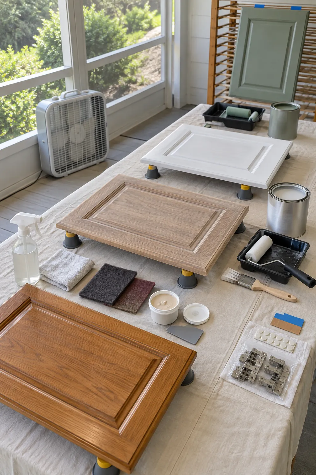 Prepared cabinet doors showing primer and durable painted finish stages