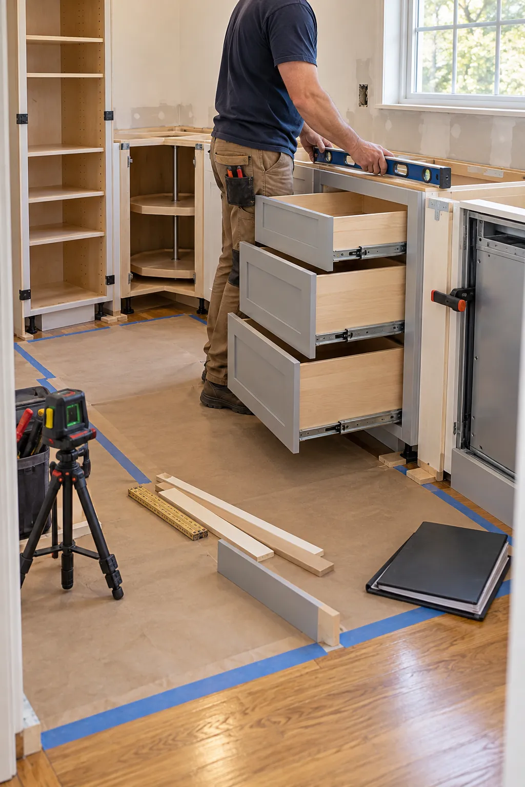 New kitchen cabinet boxes installed with functional drawers and pantry storage