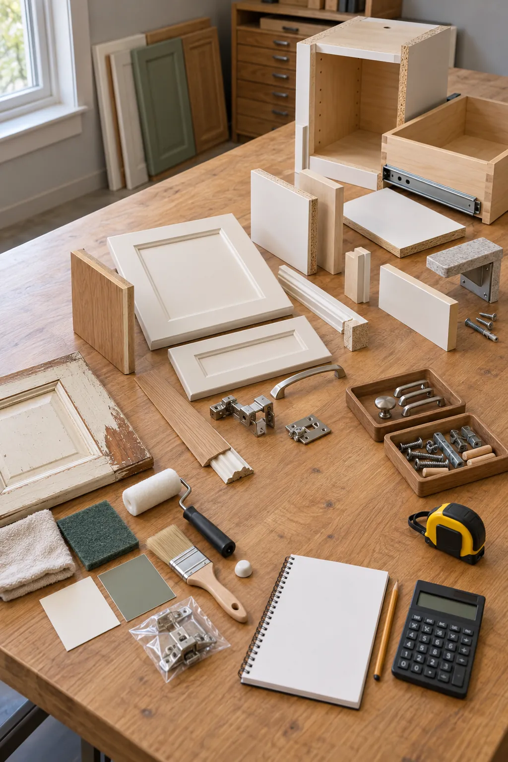 Cabinet painting refacing and replacement components compared on a planning table
