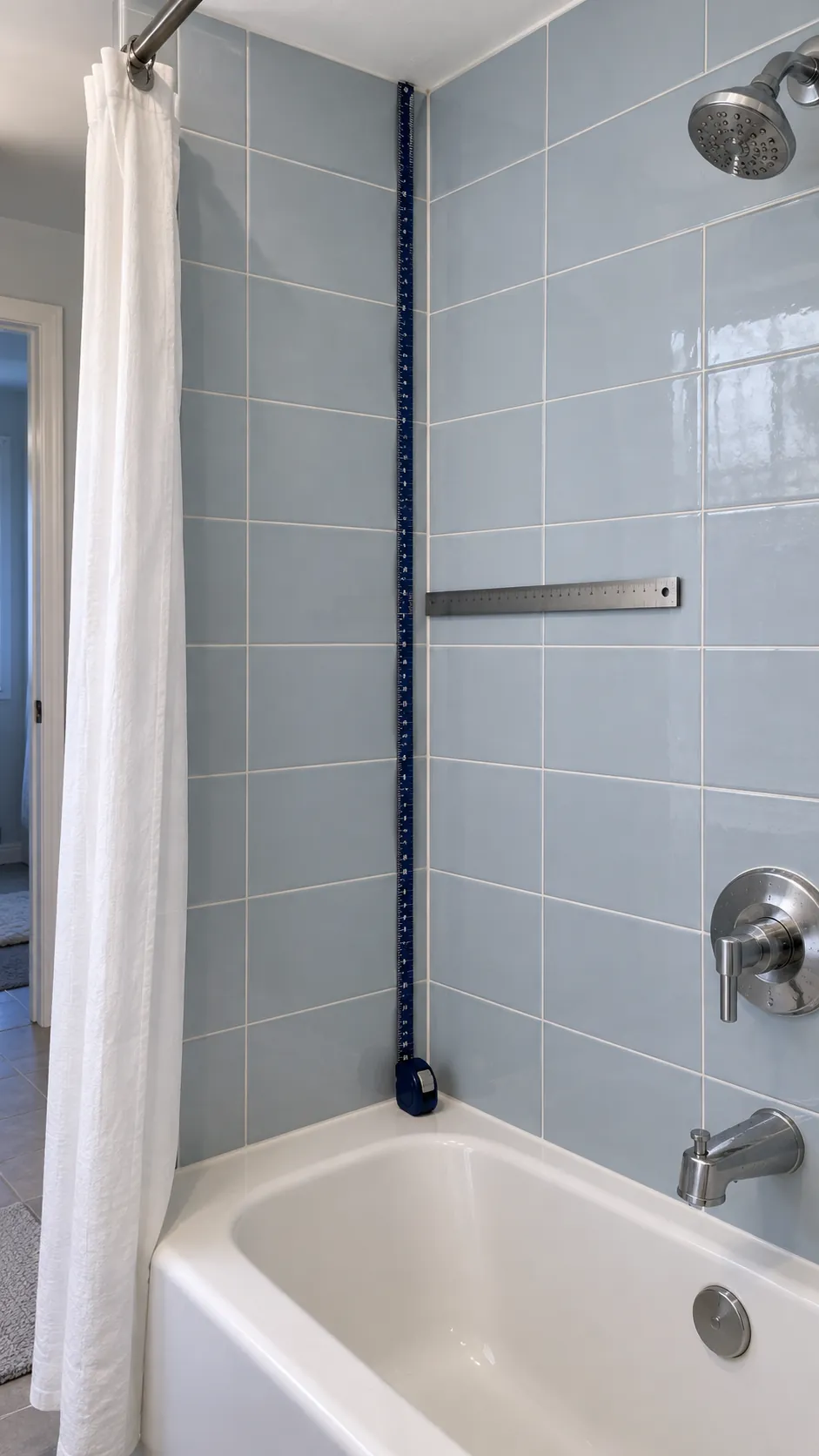 Smooth rental shower tile and corner measured before choosing a caddy