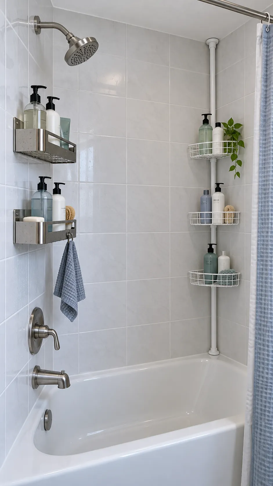 Adhesive and tension pole shower caddies compared in a rental bathroom