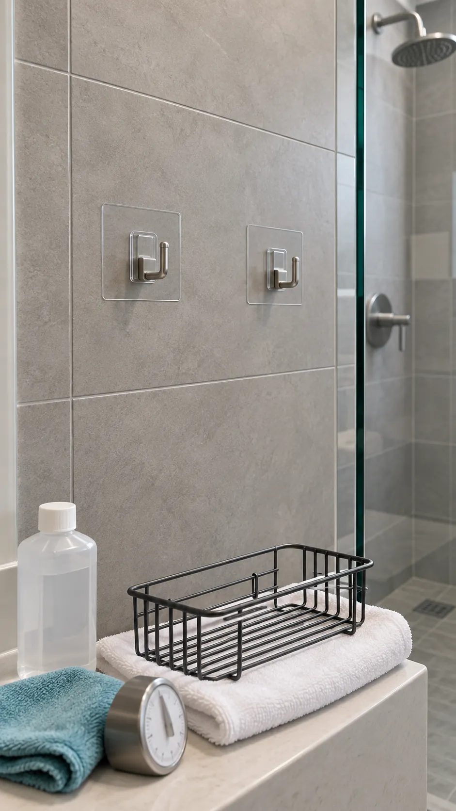 Prepared smooth tile with adhesive shower caddy brackets curing before loading