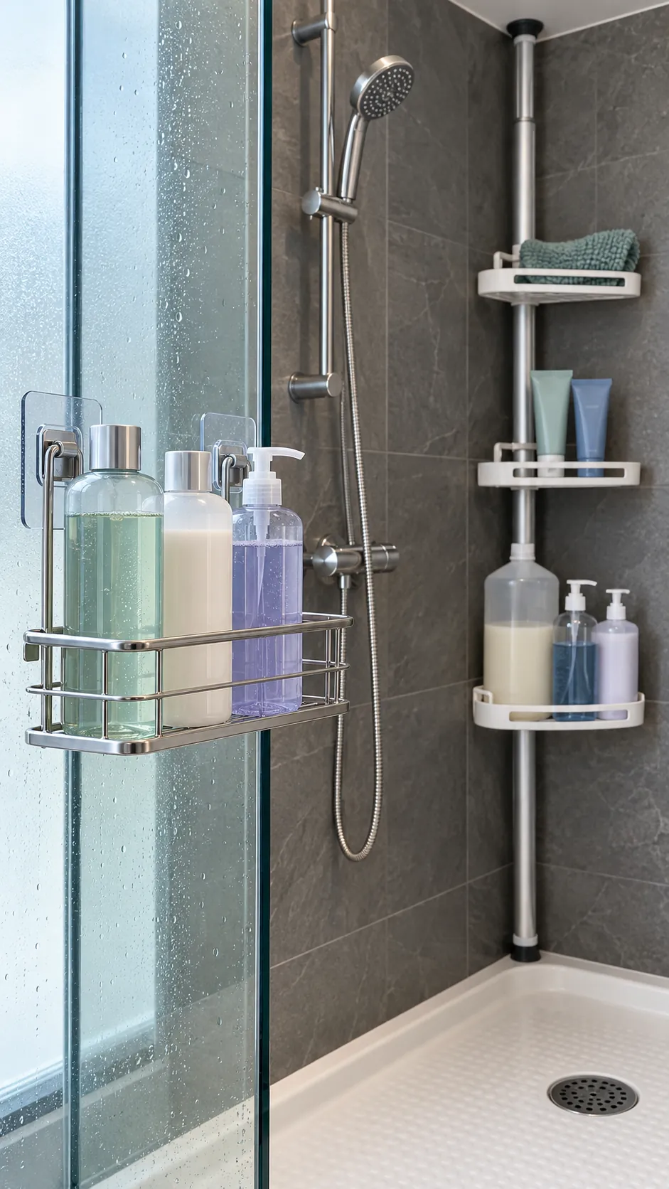 Bathroom bottles arranged by weight on adhesive and tension shower storage