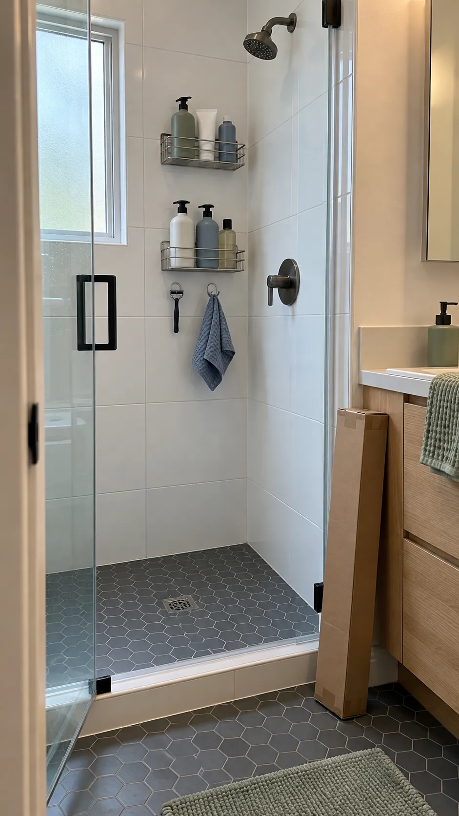 Neat rental shower showing a practical no drill organizer choice
