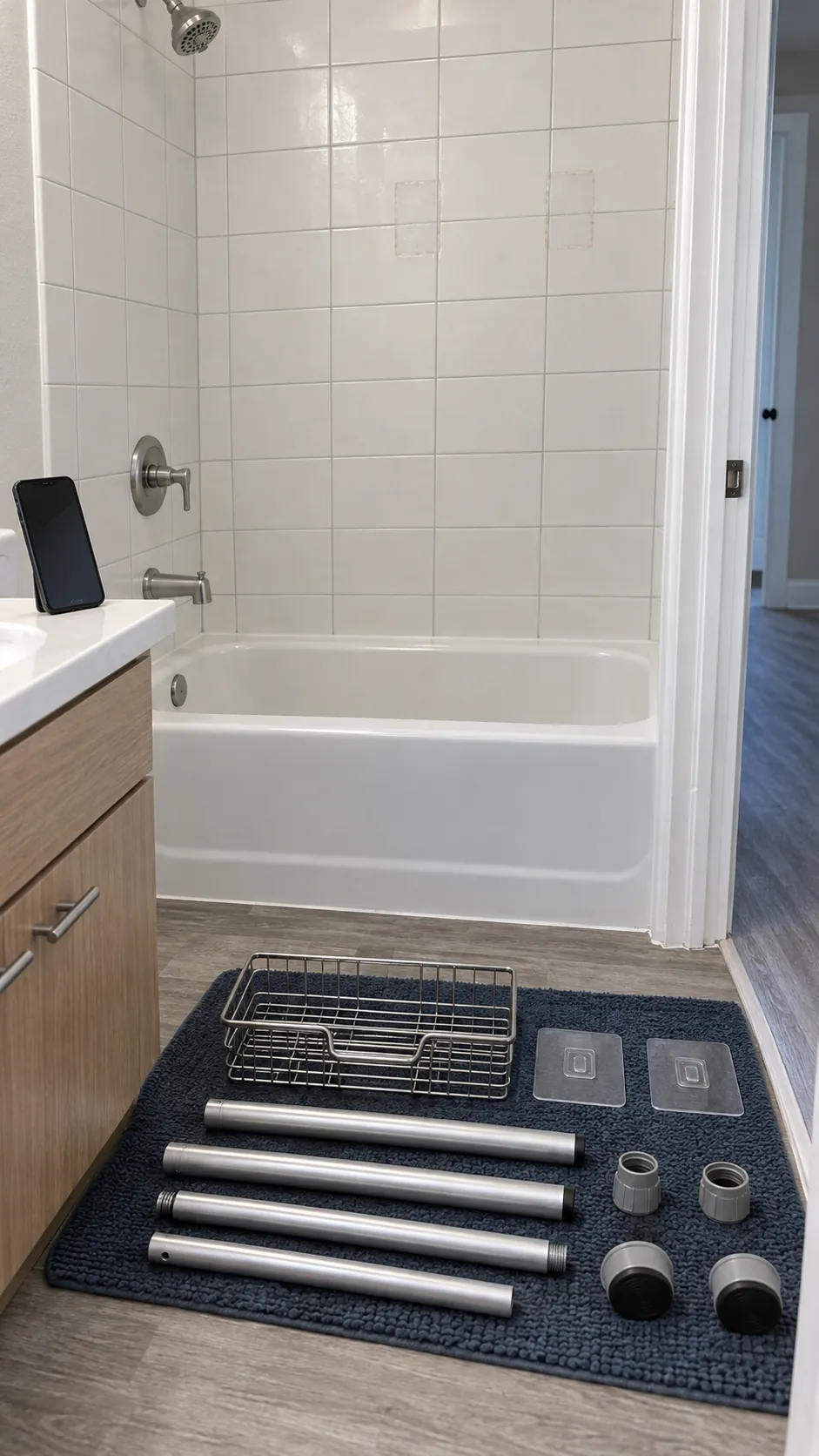 Empty shower caddy parts removed carefully to protect rental bathroom surfaces