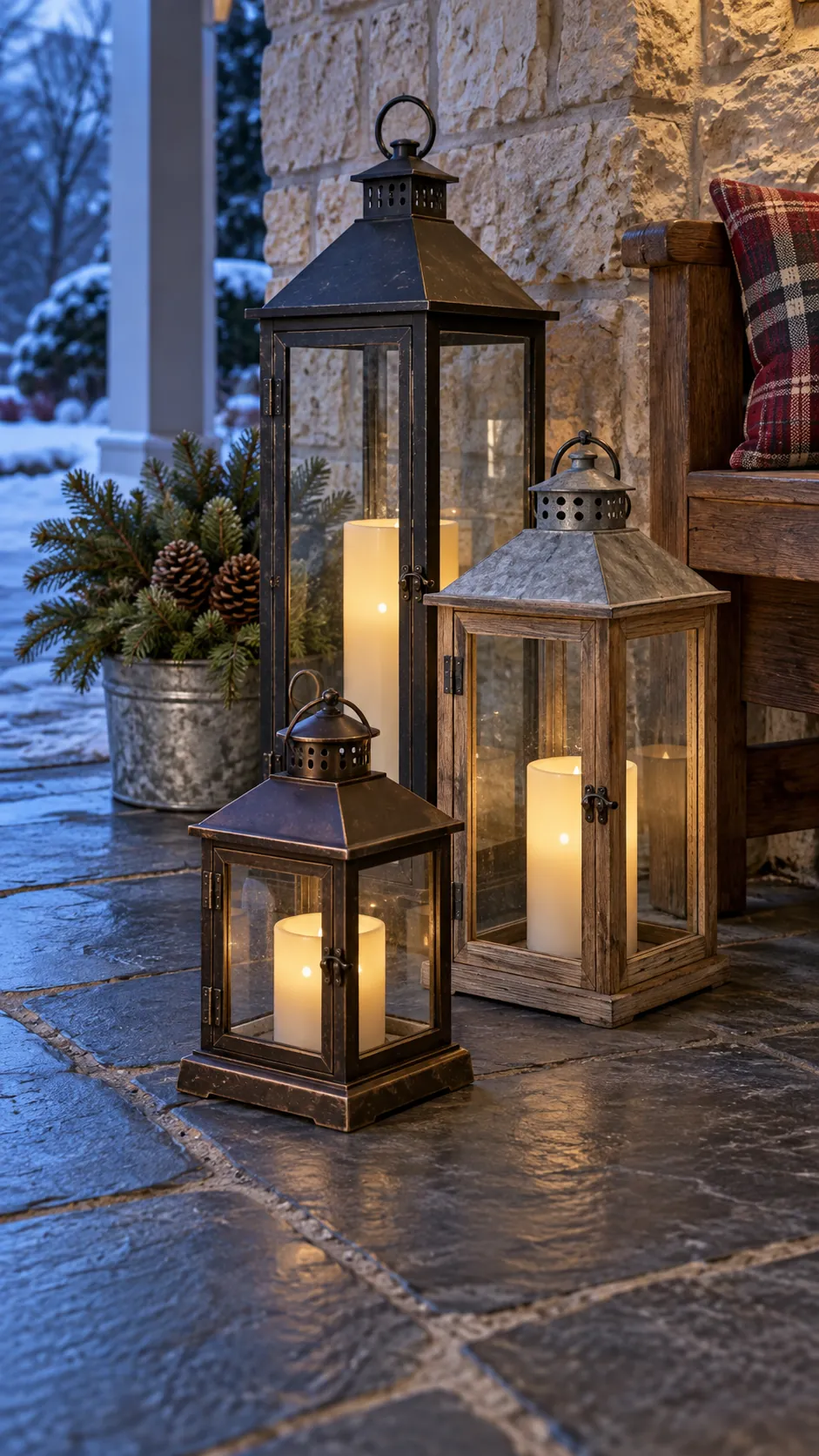 Stable porch lantern group with enclosed battery lights