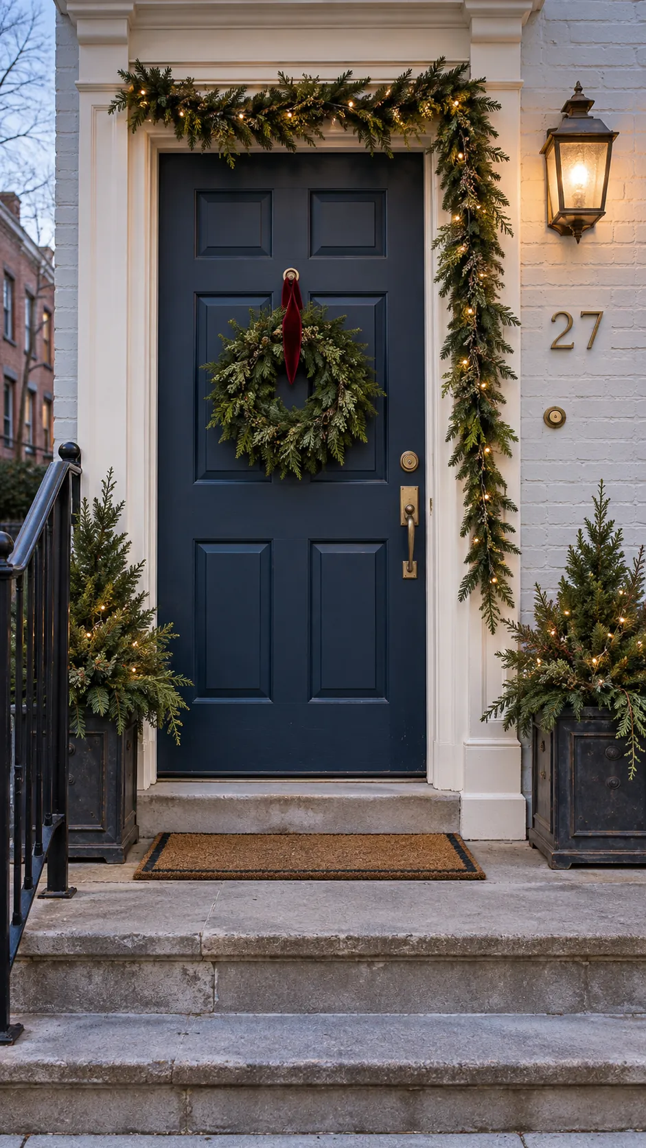Christmas front doorway framed with greenery and warm white lights