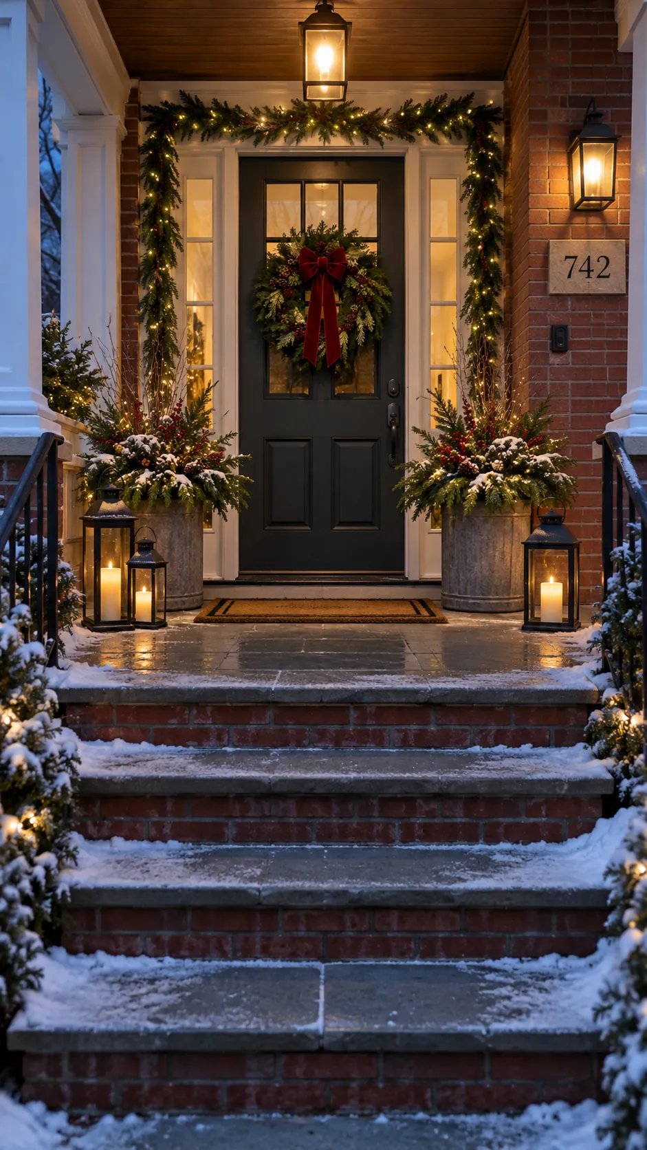 Christmas porch with planters, lanterns, and warm white lights