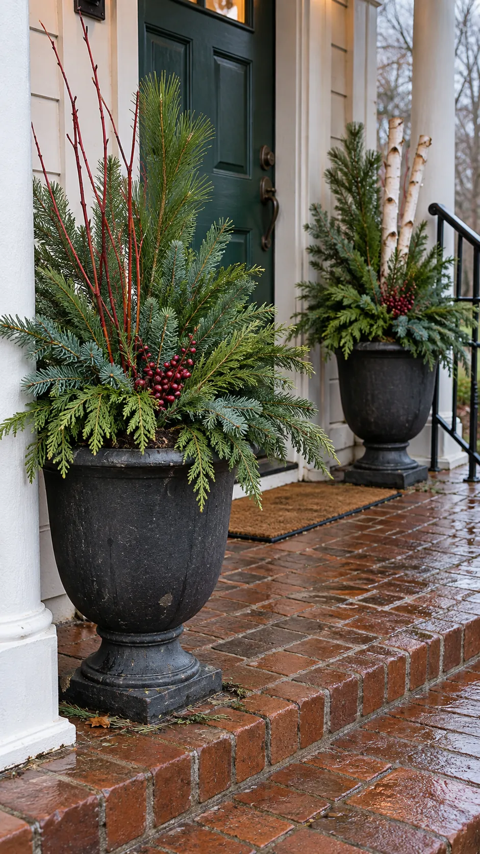 Weighted Christmas porch planters filled with layered natural greenery