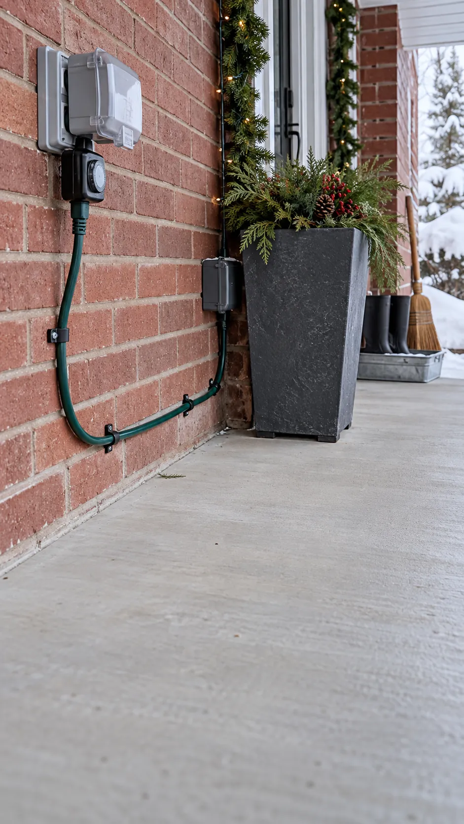 Neat outdoor Christmas light cord routing beside a porch wall