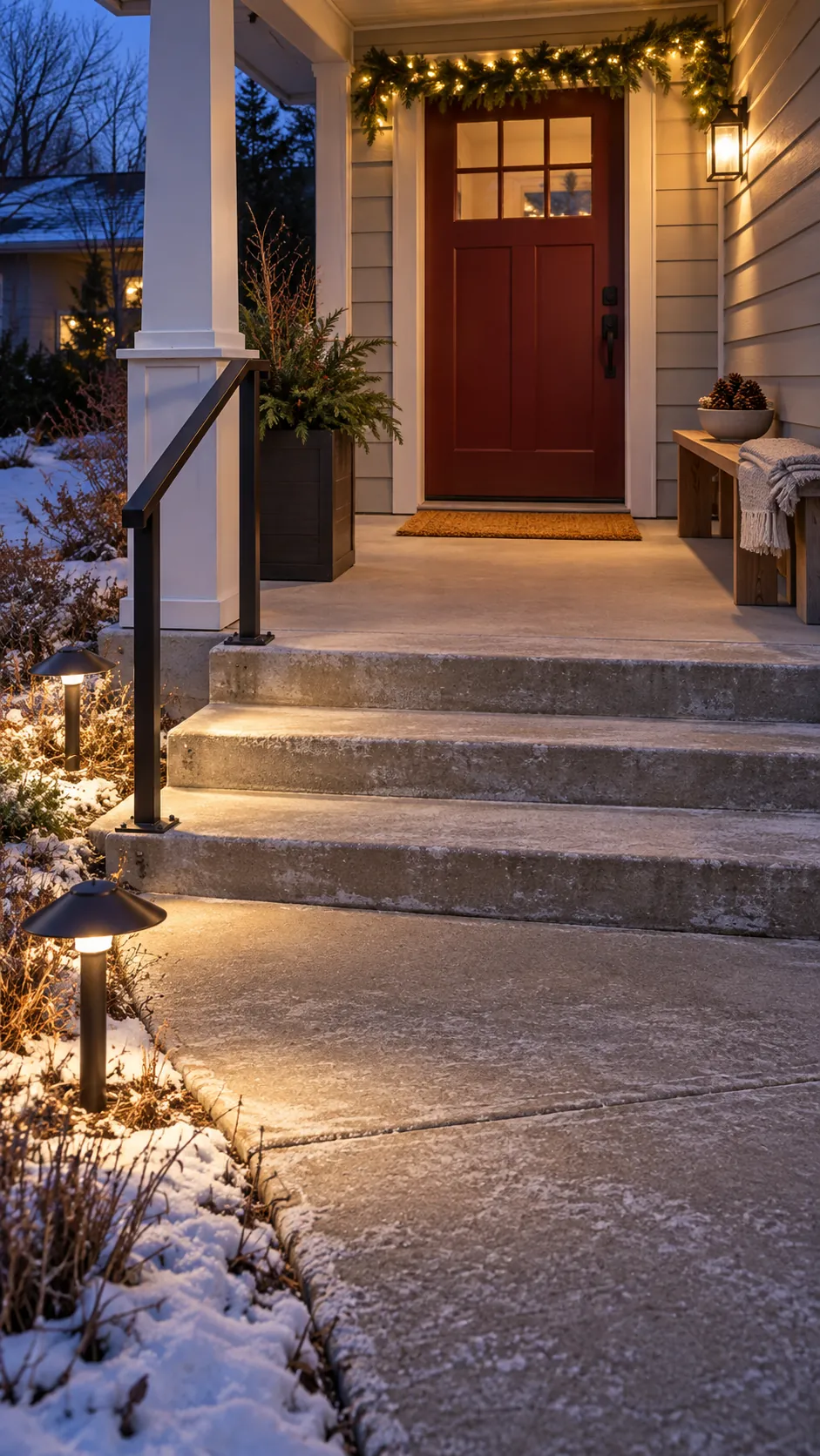 Clear Christmas porch walkway with low glare seasonal lighting