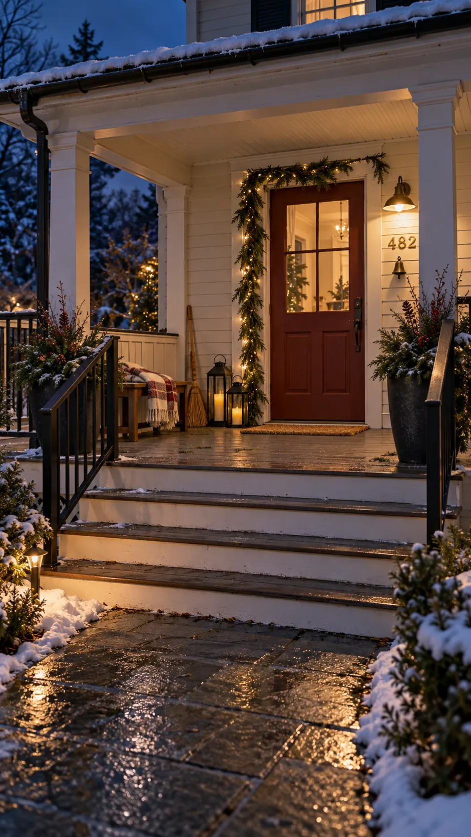 Finished Christmas porch with clear steps, planters, lanterns, and lights