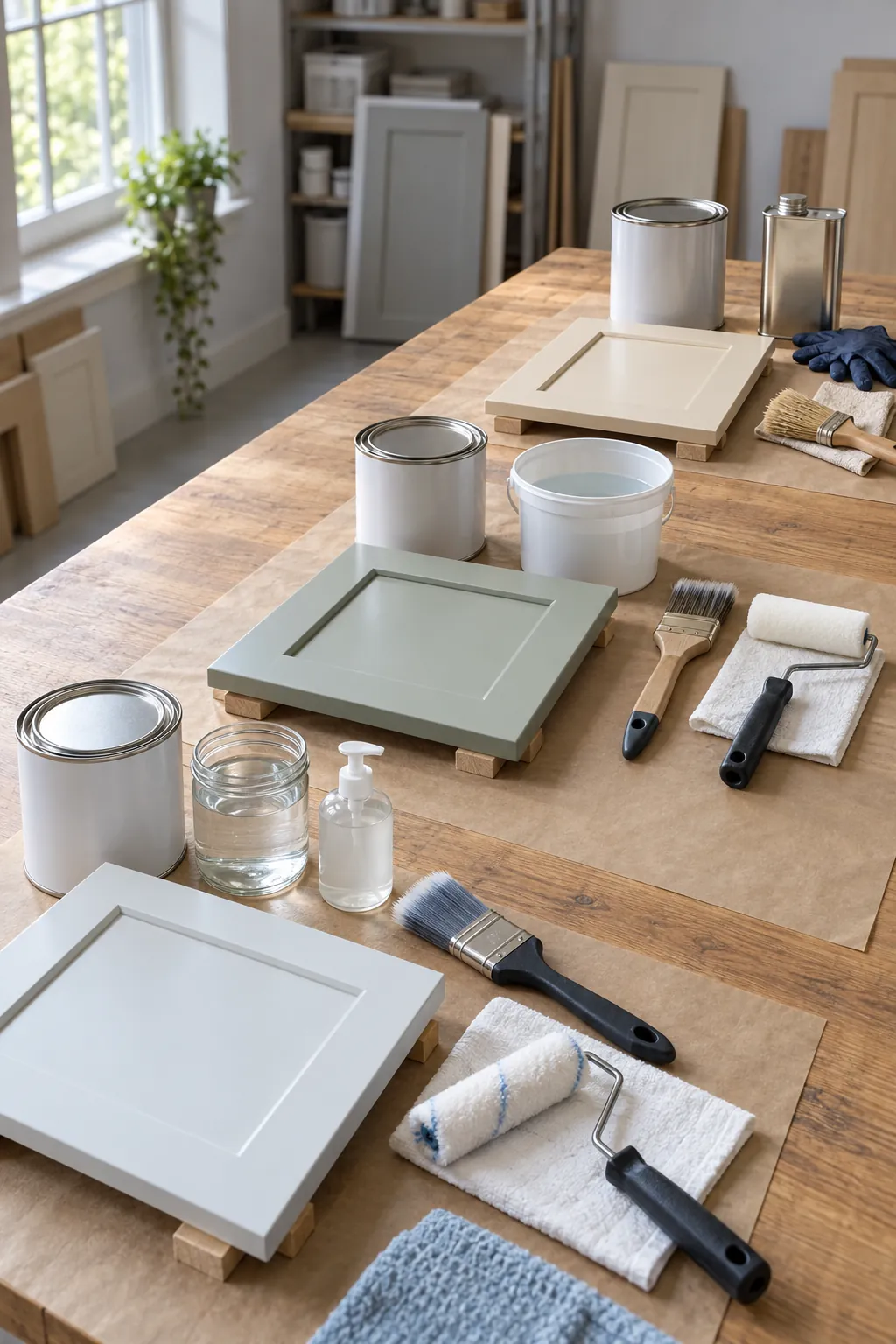 Three cabinet paint systems arranged with matching cleanup tools