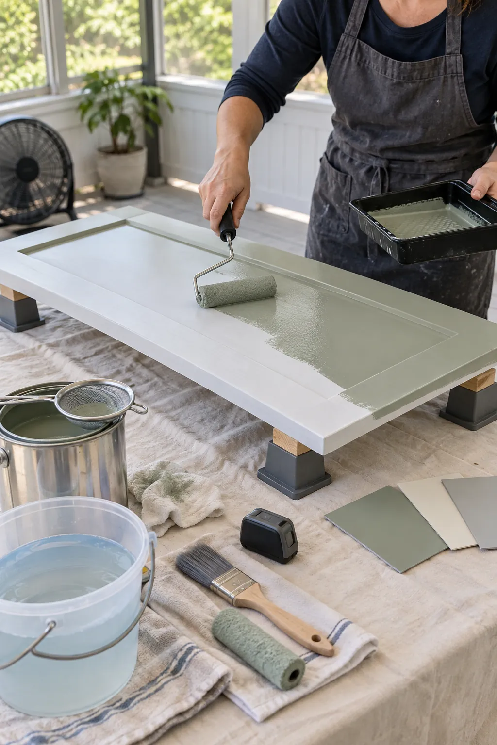 Water based enamel applied to a prepared cabinet door with a fine roller