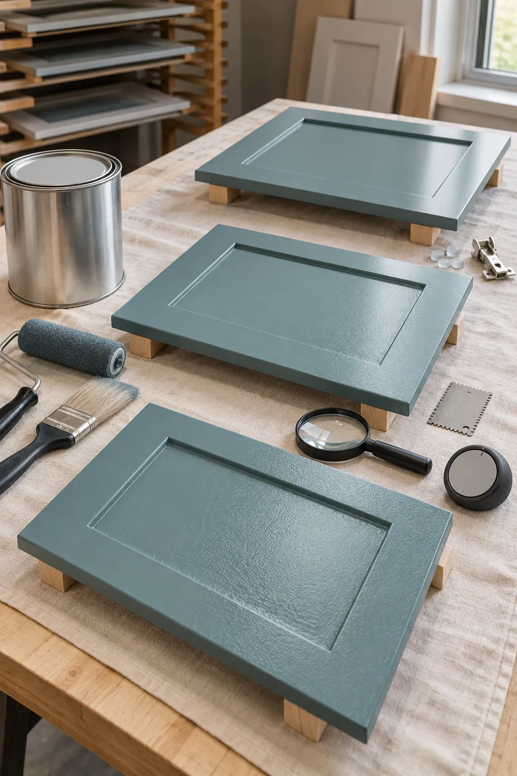 Cabinet door samples showing smooth waterborne alkyd enamel leveling