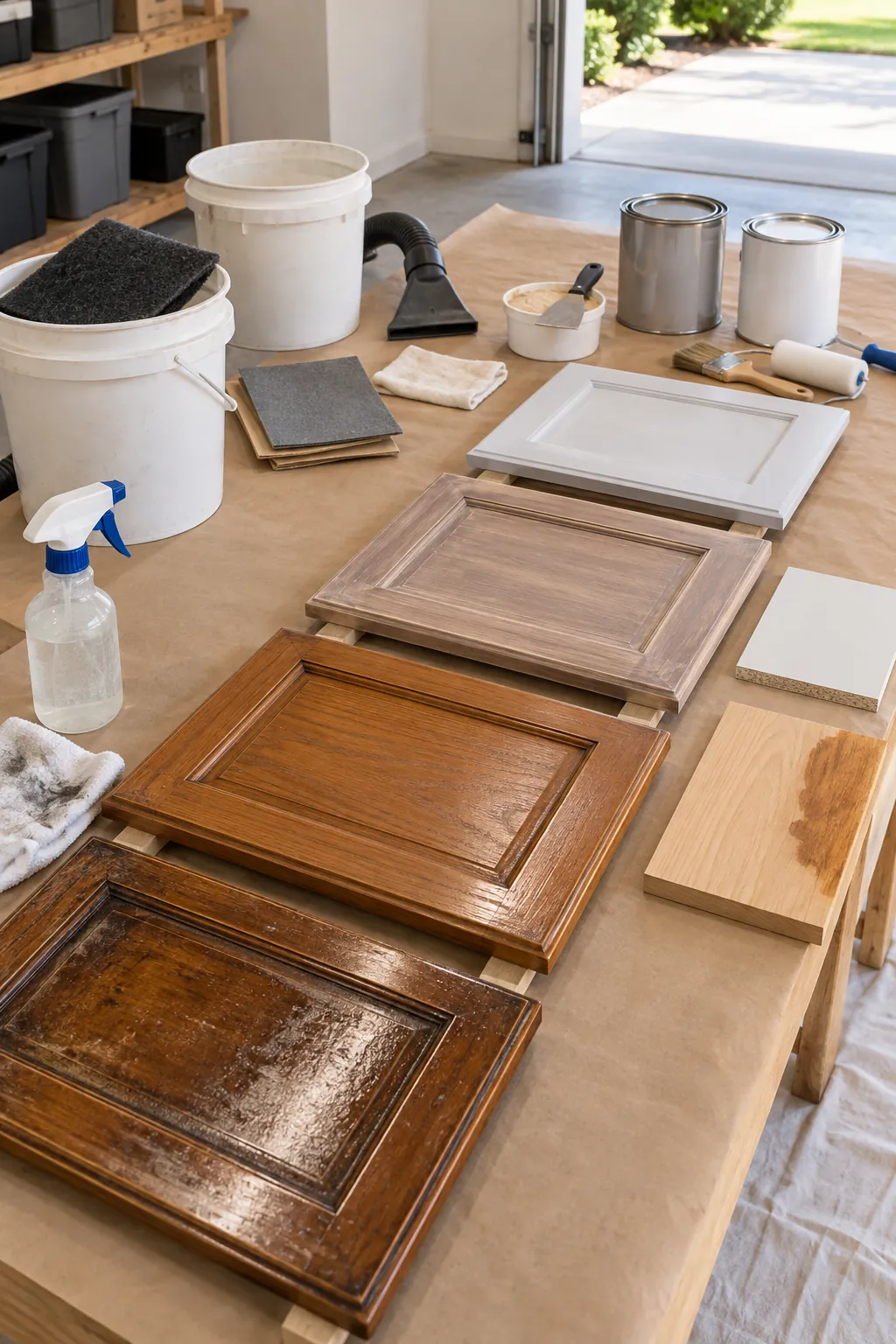 Cabinet door preparation with cleaning scuffing repair and primer stages