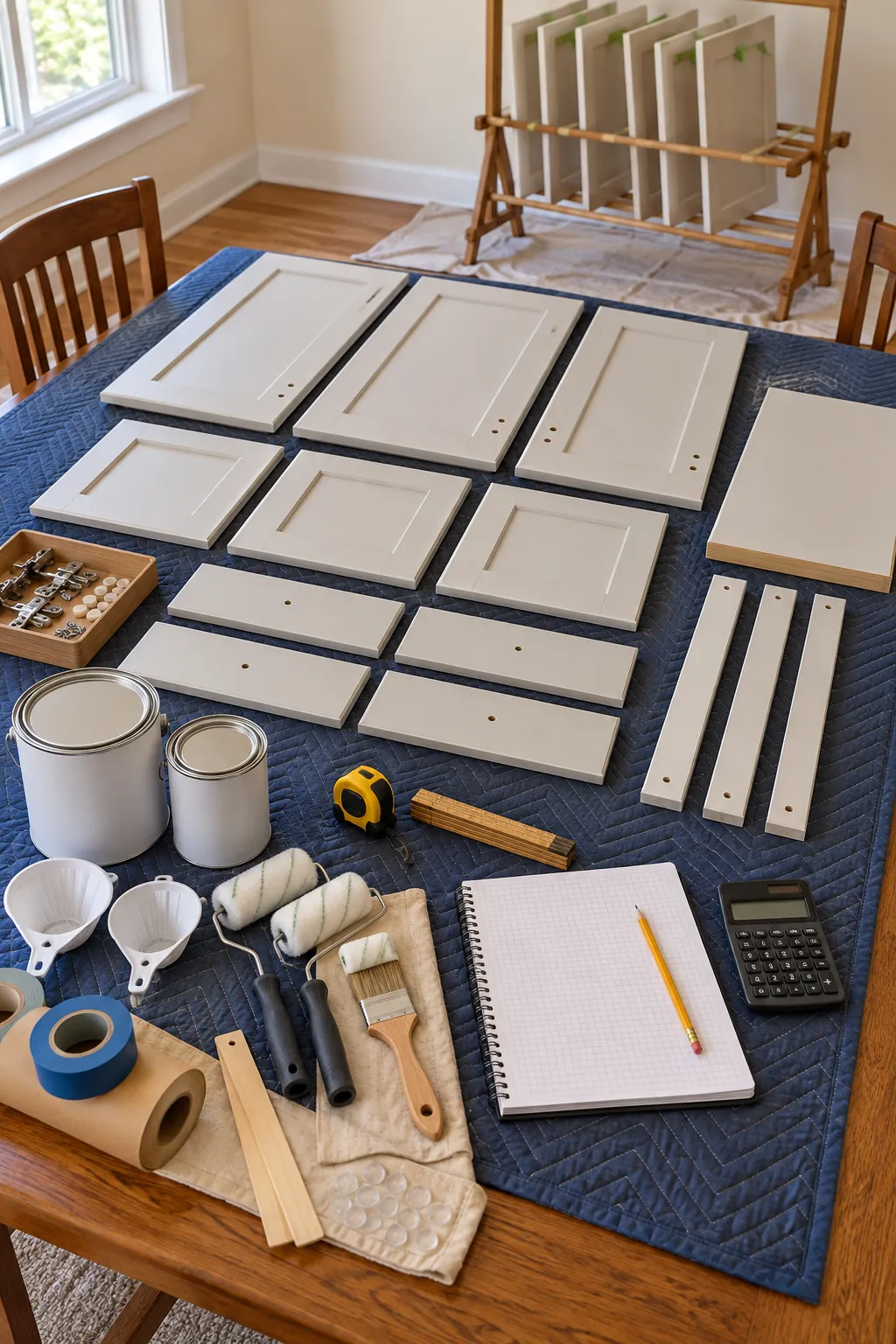 Measured cabinet doors and drawer fronts organized for paint quantity planning