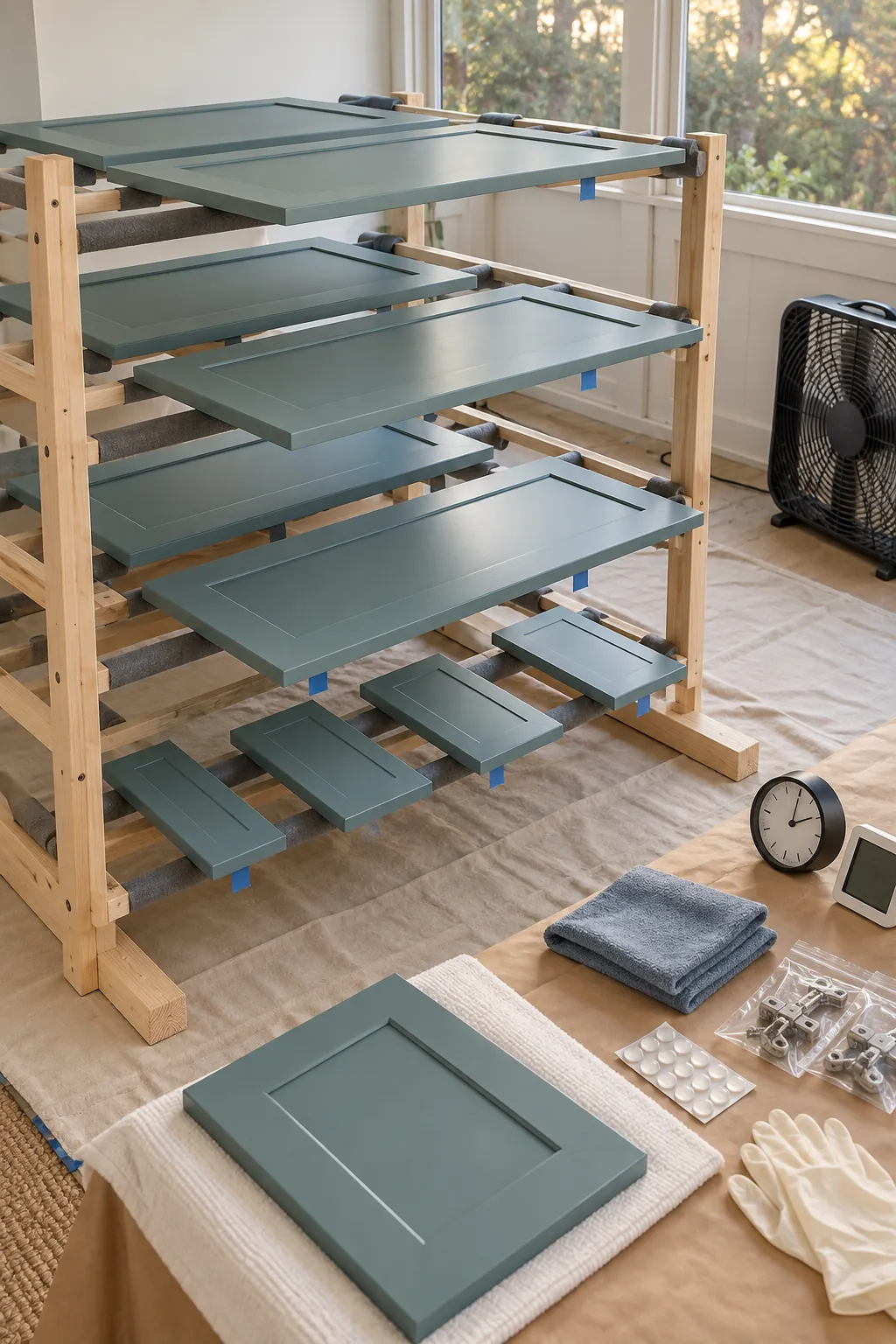 Painted cabinet doors curing on a stable rack in a ventilated workspace