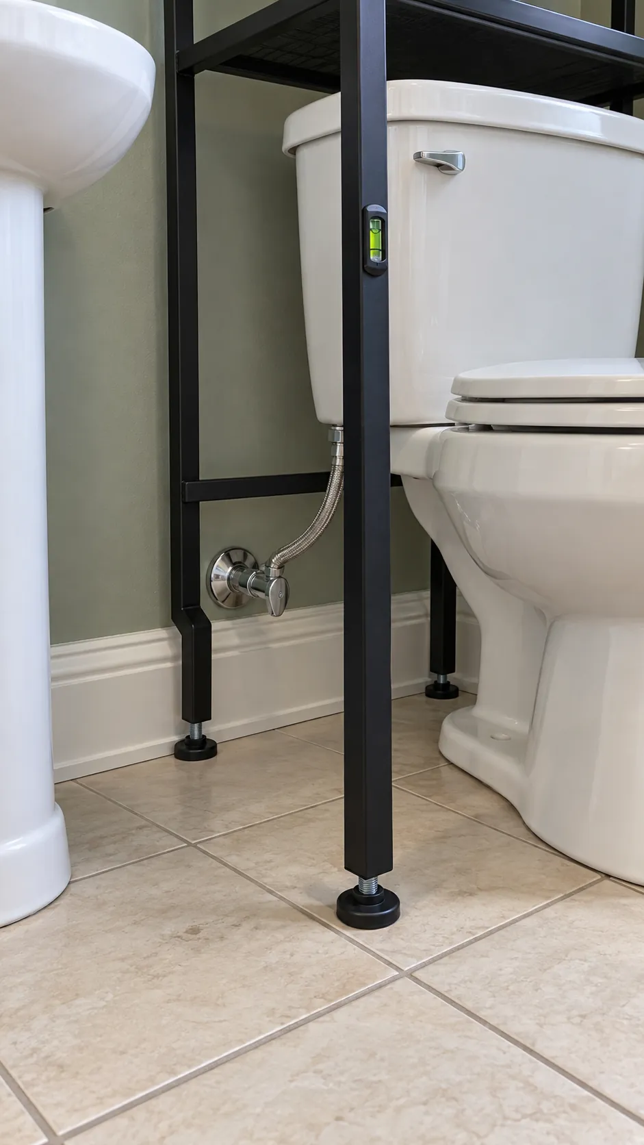 Freestanding toilet shelf legs clearing a supply valve and baseboard