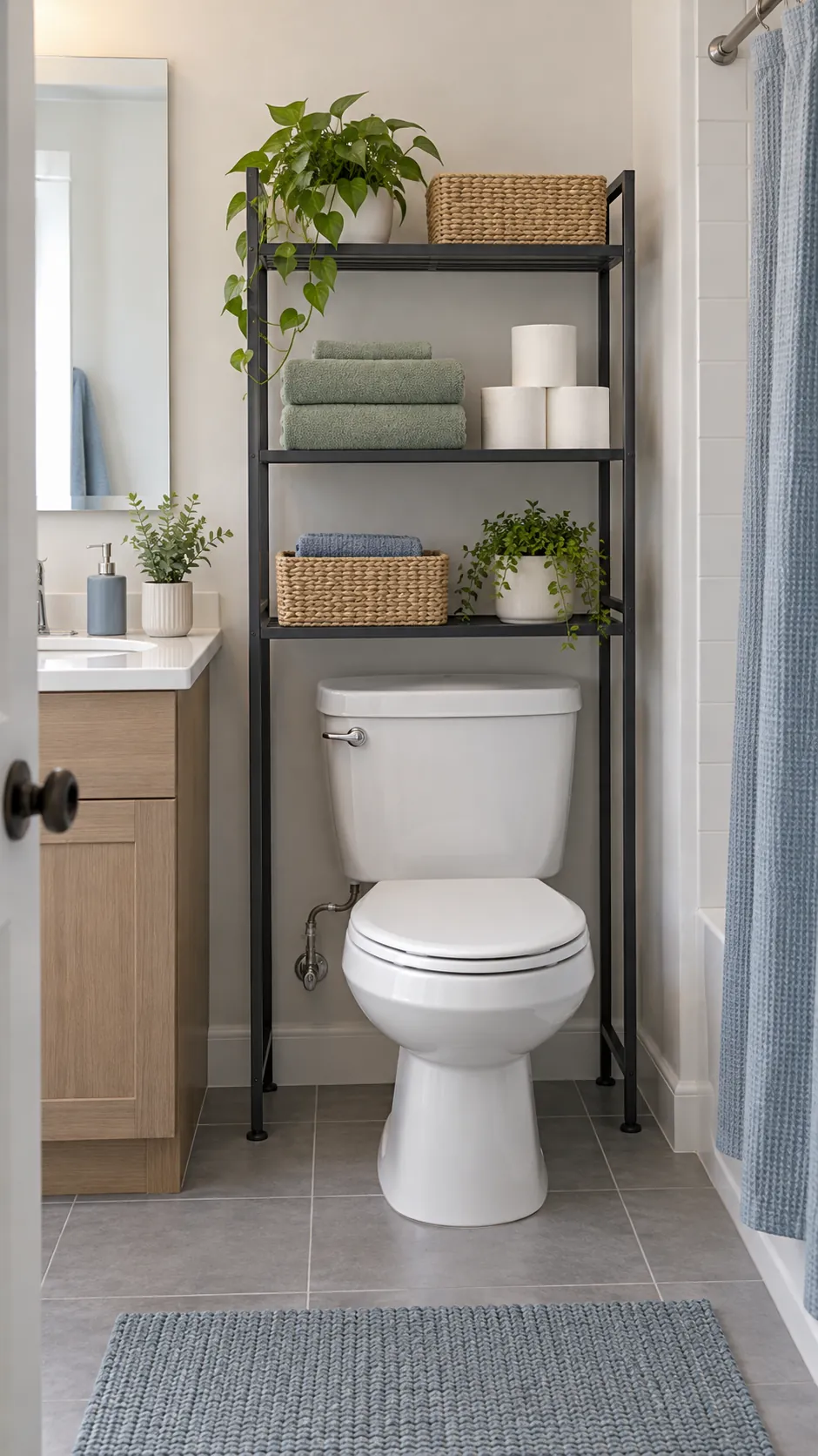 Stable freestanding over toilet storage shelf in a small rental bathroom