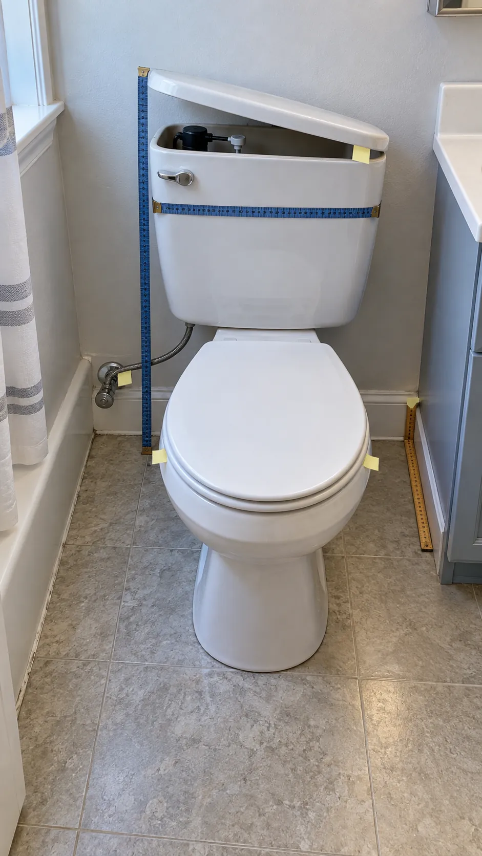 Rental toilet and plumbing measured for a freestanding storage shelf