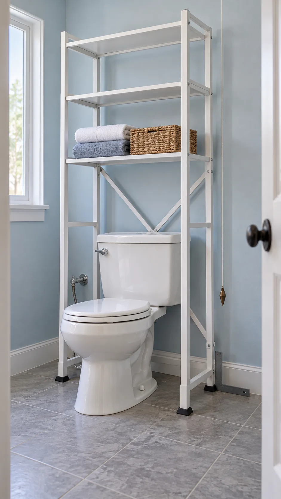 Stable freestanding bathroom shelf with wide level feet and cross bracing