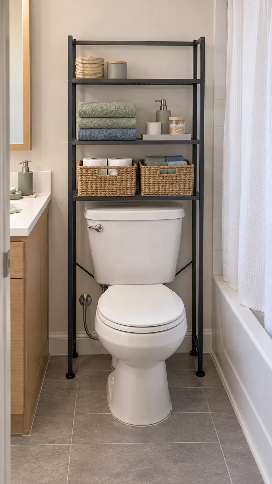 Compact no drill over toilet shelf fitted safely in a rental bathroom