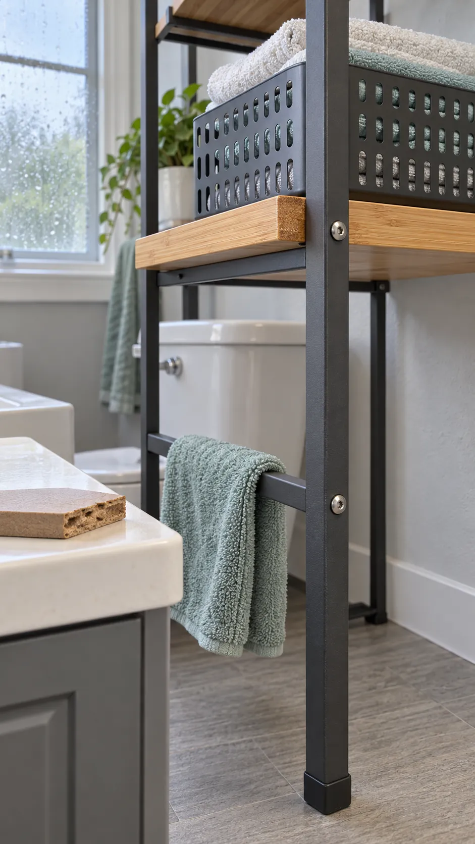 Moisture resistant metal and sealed wood bathroom shelving materials