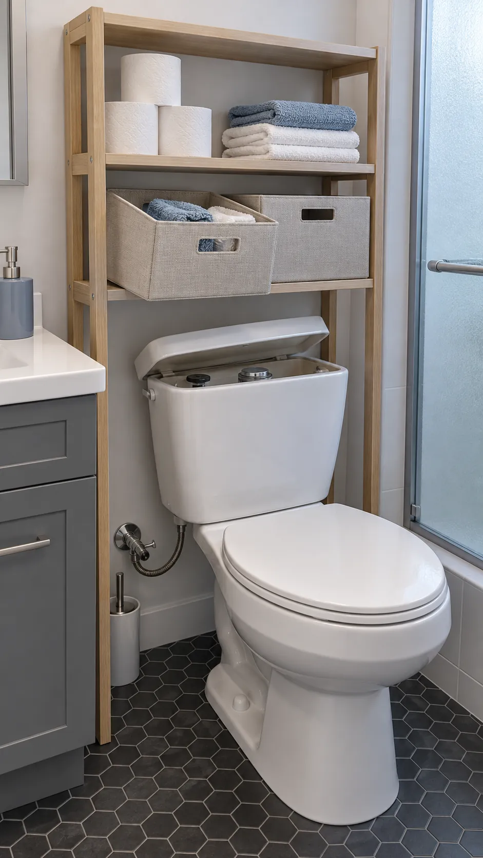 Over toilet organizer with clear access to tank lid and supply valve