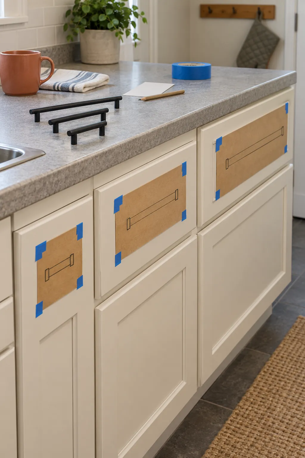 Paper templates comparing cabinet pull lengths on three drawer widths